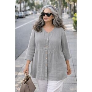 Kleen 100% Linen Top XL Gray Button Front Minimalist Tunic Shirt